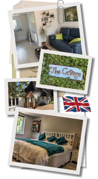 Exterior and interior views of The Thatched Cottage bed and breakfast accommodation